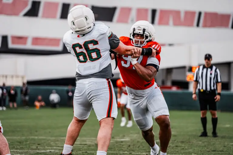 Keona Davis competing during Miami Hurricanes spring football practice